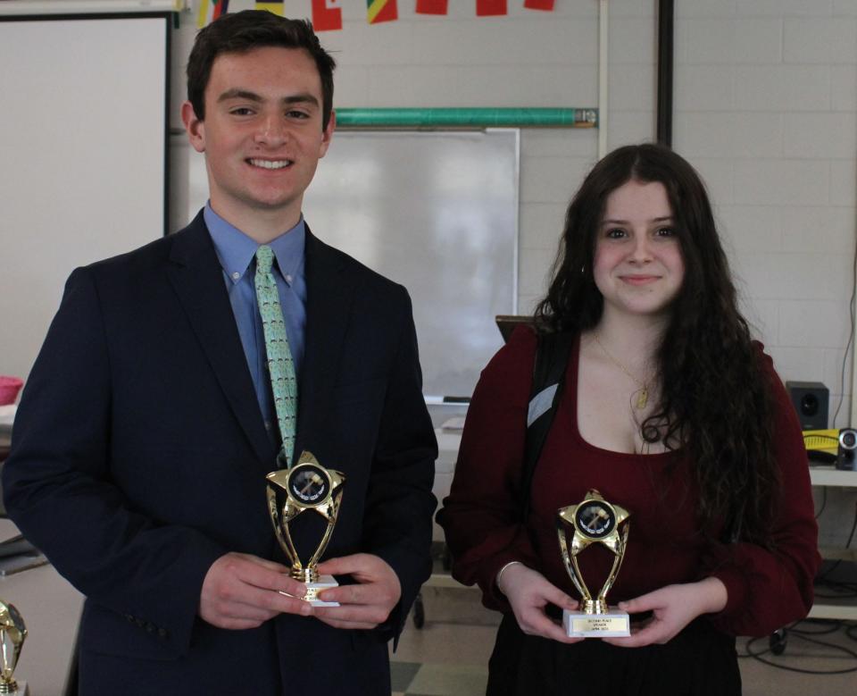 Miles Borne and Haley Venuto of Portsmouth High School placed first in an April 8 New Hampshire Debate League competition against  Bedford, Oyster River, St. Thomas Aquinas and Pembrooke.