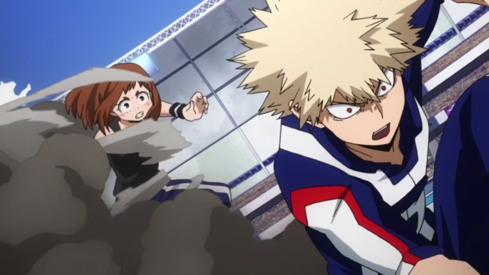 Bakugo and Uraraka in My Hero Academia.