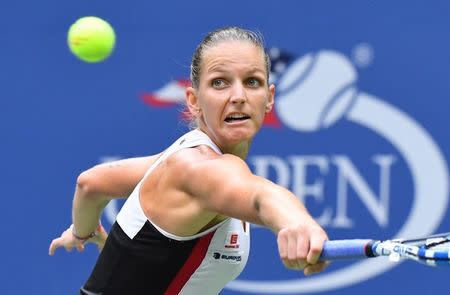 Sept 10, 2016; New York, NY, USA; Karolina Pliskova of the Czech Republic playing Angelique Kerber of Germany in the women's final on day thirteen of the 2016 U.S. Open tennis tournament at USTA Billie Jean King National Tennis Center. Mandatory Credit: Robert Deutsch-USA TODAY Sports