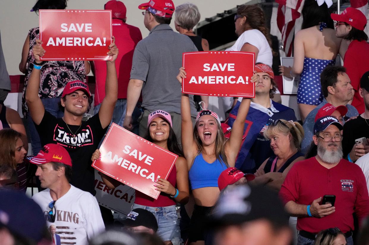 Former President Donald Trump holds a campaign rally for Republican candidate for governor Tim Michels at the Waukesha County Fairgrounds, in Wisconsin, on Aug. 5. On Aug. 8, the FBI raided Trump's Florida home at Mar-a-Lago, in Palm Beach.