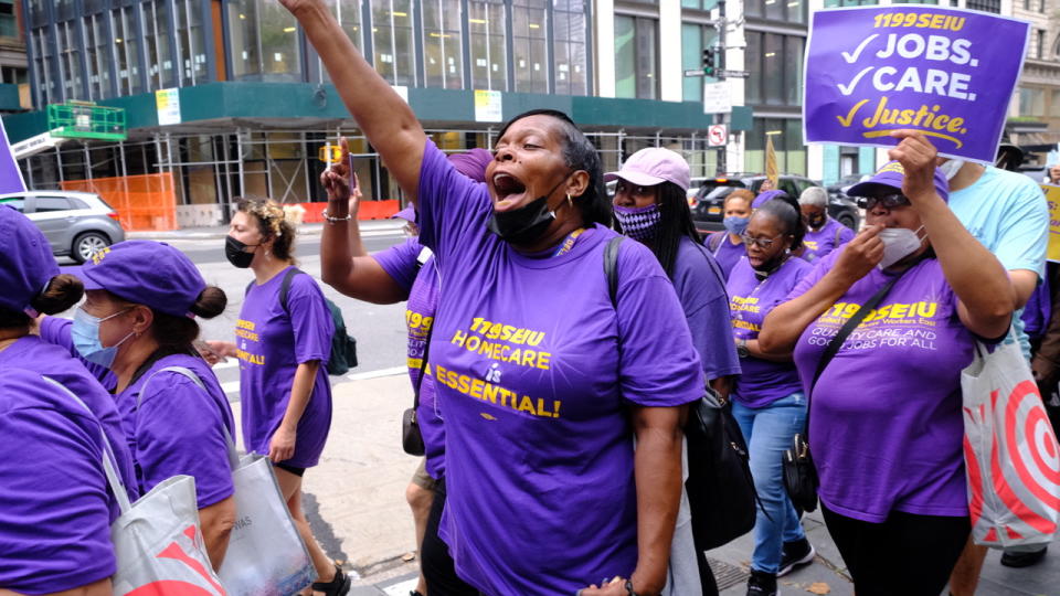 A home care worker marches at a rally to demand Congress pass the Better Care Better Jobs Act on July 13, 2021 in New York, NY.