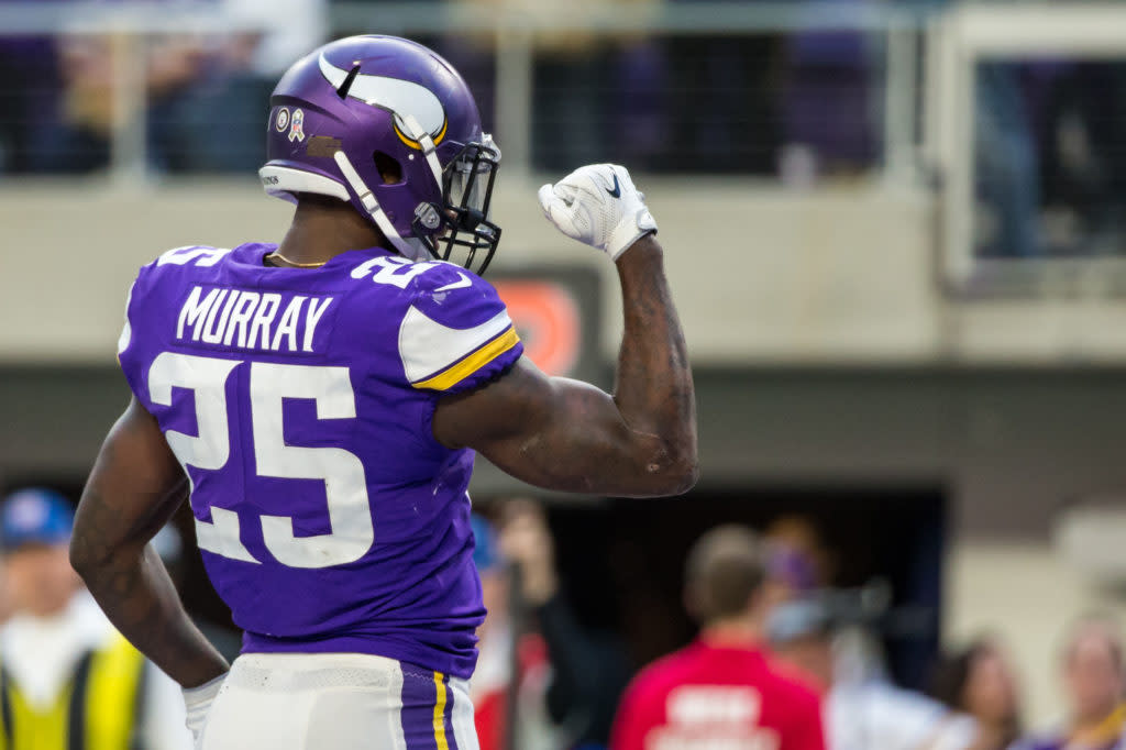 Nov 19, 2017; Minneapolis, MN, USA; Minnesota Vikings running back Latavius Murray (25) celebrates his touchdown during the fourth quarter against the Los Angeles Rams at U.S. Bank Stadium. Credit: Brace Hemmelgarn-USA TODAY SportsNov 19, 2017; Minneapolis, MN, USA; Minnesota Vikings running back Latavius Murray (25) celebrates his touchdown during the fourth quarter against the Los Angeles Rams at U.S. Bank Stadium. Credit: Brace Hemmelgarn-USA TODAY Sports