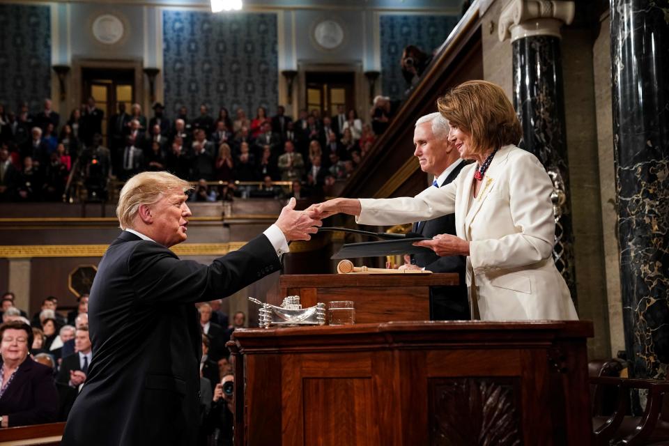 President Donald Trump and Speaker of the House Nancy Pelosi at the State of the Union address on Feb. 15, 2019.