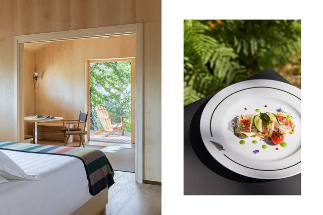 <p>Nicole Neri/Courtesy of Oasyhotel</p> From left: The dÃ©cor in the guest lodges is an updated take on rustic simplicity; Oasyâ€™s modern interpretation of a classic panzanella salad.