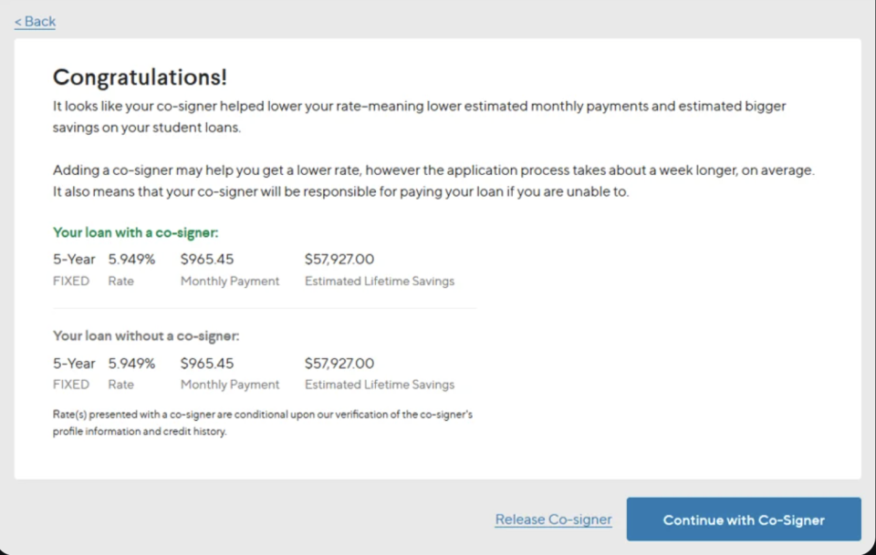 Congratulations message about a co-signer lowering loan rates. Summary of loan details included: 5-year fixed, $57,927 estimated lifetime savings, monthly payment $965.45