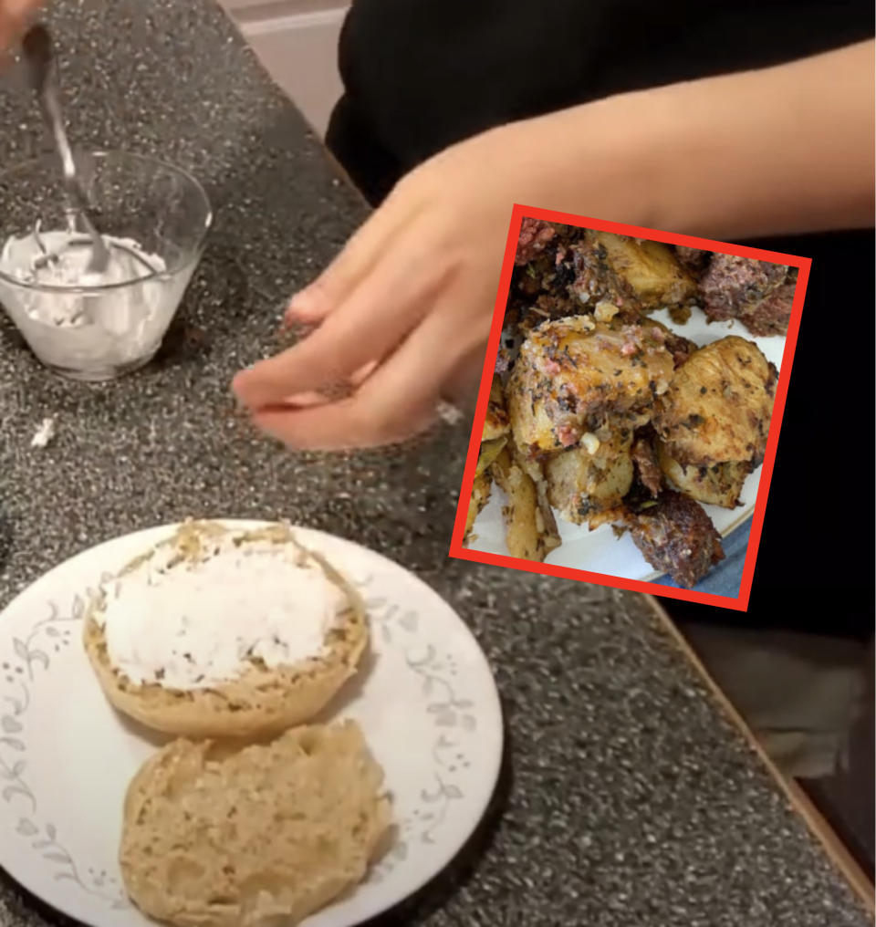 spreading cream cheese on an english muffin with inset image of corned beef hash