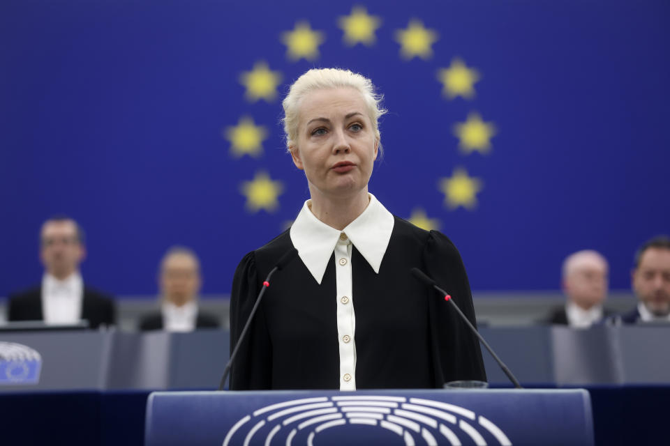 Yulia Navalnaya, widow of Russian opposition leader Alexei Navalny addresses the European Union's parliament on Wednesday Feb. 28, 2024 in Strasbourg, eastern France. The grief-stricken widow of Russian opposition leader Alexei Navalny implored the 27-nation bloc to stand up to Russian President Vladimir Putin. The legislature often interrupted her speech with applause and lauded her efforts to keep the memory of Navalny alive. (AP Photo/Jean-Francois Badias)