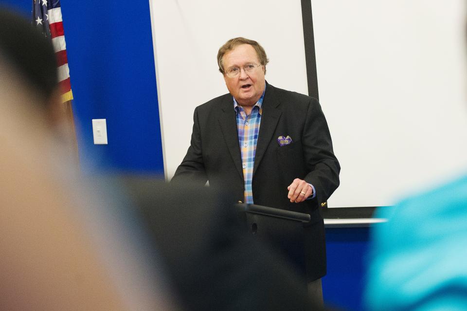 FILE - Richmond County Board of Education Attorney Leonard "Pete" Fletcher delivers the dedication address during a building dedication ceremony at Richmond County Technical Career Magnet School on August 16, 2014 in Augusta, GA. Fletcher died at age 77 on Tuesday, September 13, 2022.