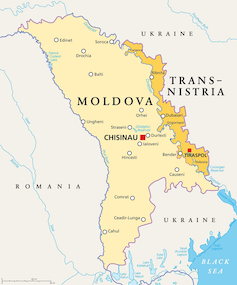 Map of Moldova in light yellow, with the breakaway region of Transnistria in darker yellow.