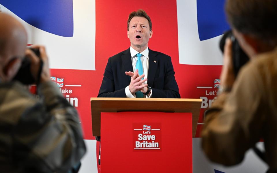 Richard Tice, the leader of Reform UK, holds a press conference in central London this morning