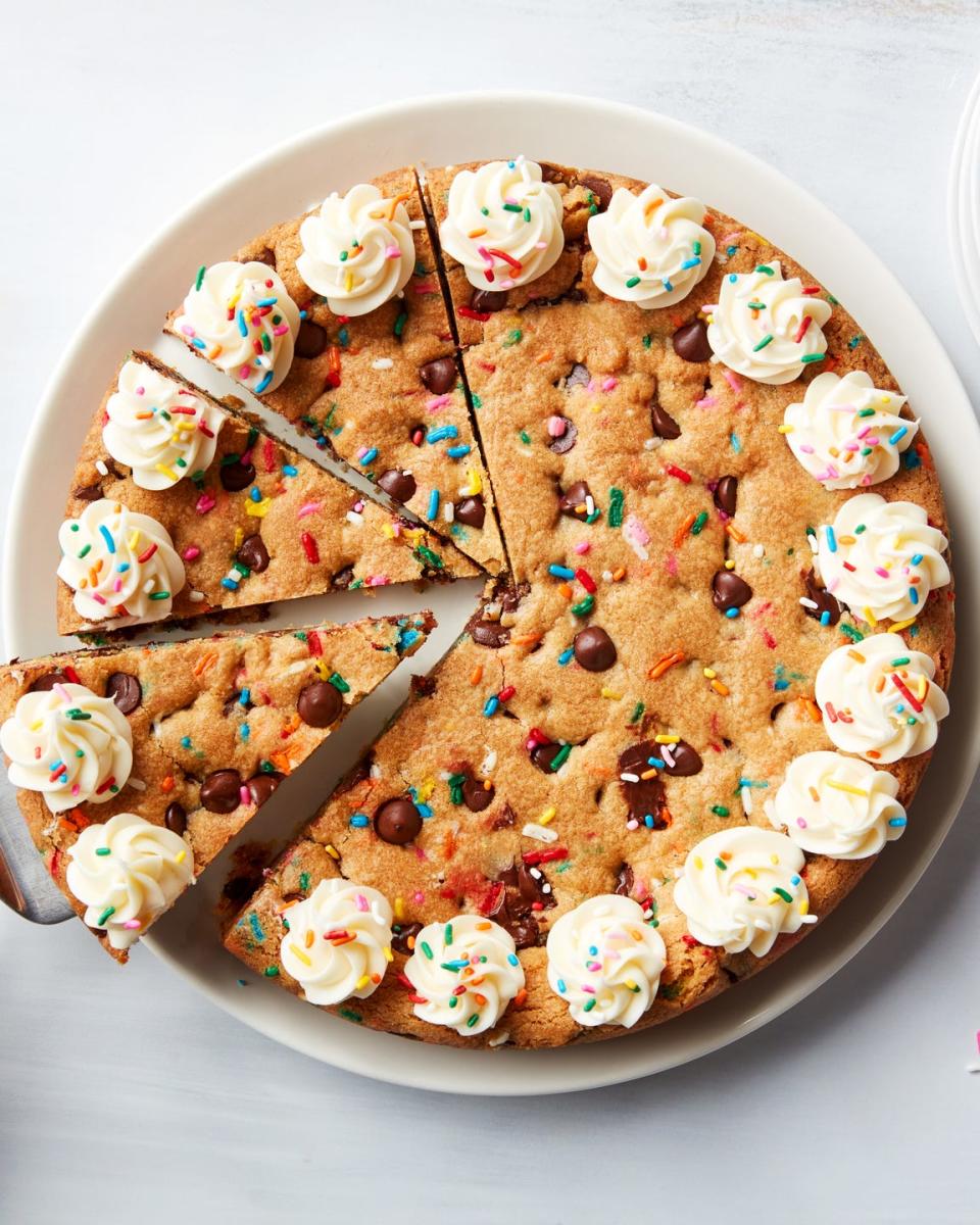 chocolate chip cookie cake topped with frosting swirls and sprinkles