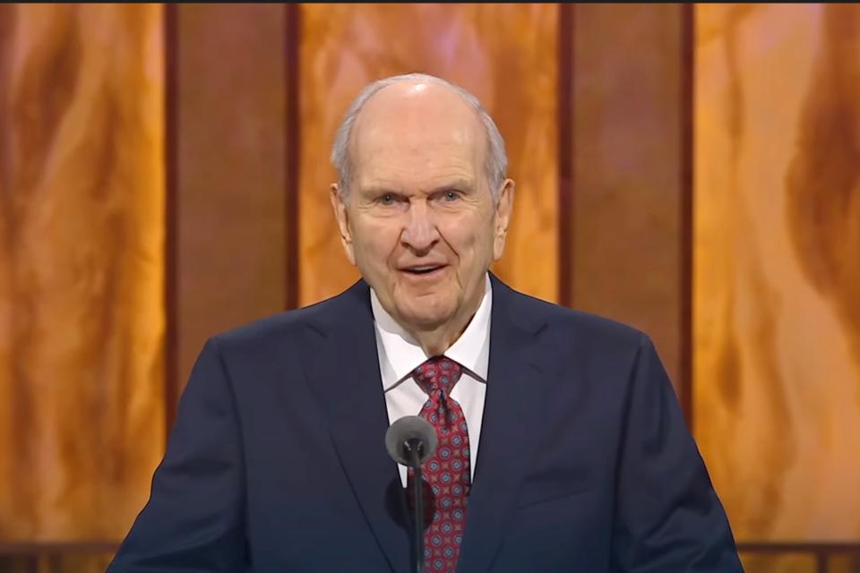 In this Saturday, Oct. 3, 2020, video image streamed by The Salt Lake Temple of The Church of Jesus Christ of Latter-day Saints, church President Russell M. Nelson speaks during the opening of the 190th Semiannual General Conference at the Conference Center Theater on Temple Square in Salt Lake City. The twice-annual conference kicked off Saturday without anyone attending in person and top leaders sitting some 6-feet apart inside an empty room as the faith takes precautions to avoid the spread of the coronavirus. A livestream of the conference showed a few of the faith's top leaders sitting alone inside a small auditorium in Salt Lake City, Normally, top leaders sit side-by-side on stage with the religion's well-known choir behind them and some 20,000 people watching. (The Church of Jesus Christ of Latter-day Saints via AP)