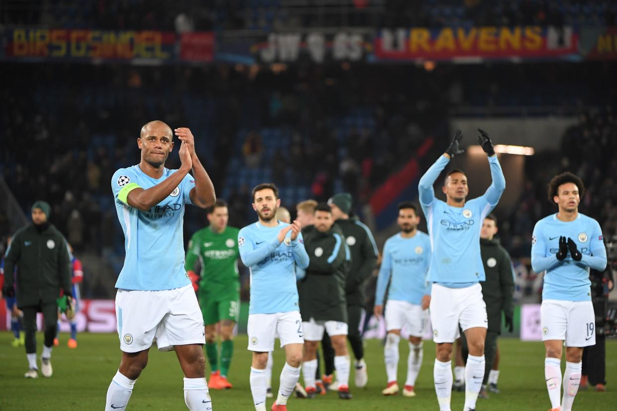 Manchester City players applaud their traveling fans after a 4-0 Champions League victory at Basel. (Getty)