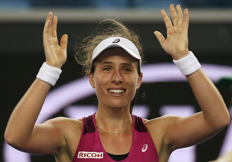 Britain's Johanna Konta celebrates after winning her fourth round match against Russia's Ekaterina Makarova at the Australian Open tennis tournament at Melbourne Park, Australia, January 25, 2016. REUTERS/Issei Kato TPX IMAGES OF THE DAY