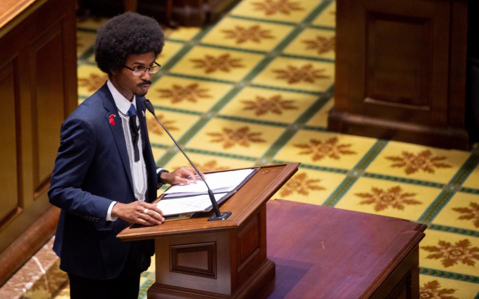 Rep. Justin Pearson, D-Memphis, speaks before a vote to expel him form the House of Representatives at the Tennessee state Capitol in Nashville, Tenn., on Thursday, April 6, 2023.