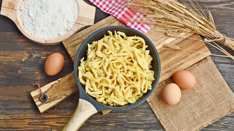 Handmade Hungarian nokedli in pan