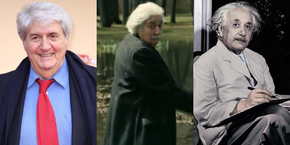 Tom Conti as Albert Einstein in "Oppenheimer" versus Albert Einstein in real life.
