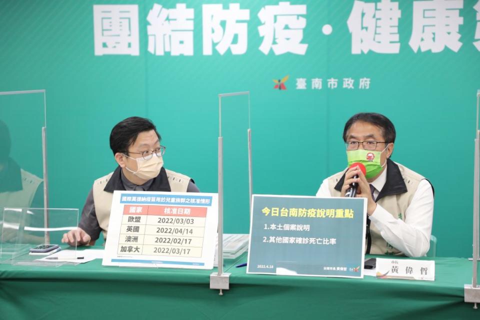 台南市新增22個病例，市長黃偉哲鼓勵小學生在家長同意下，踴躍打疫苗，以確保安全。 （台南市府提供）