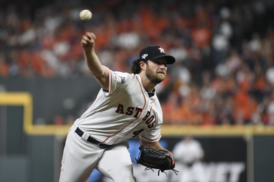 FILE - In this Oct. 5, 2019 file photo, Houston Astros starting pitcher Gerrit Cole delivers to a Tampa Bay Rays batter during the first inning during Game 2 of a baseball American League Division Series in Houston. The Astros and their heavyweight rotation have only one chance left to knock out the pesky Rays. It's up to Gerrit Cole in Game 5 on Oct. 10. (AP Photo/Eric Christian Smith, File)