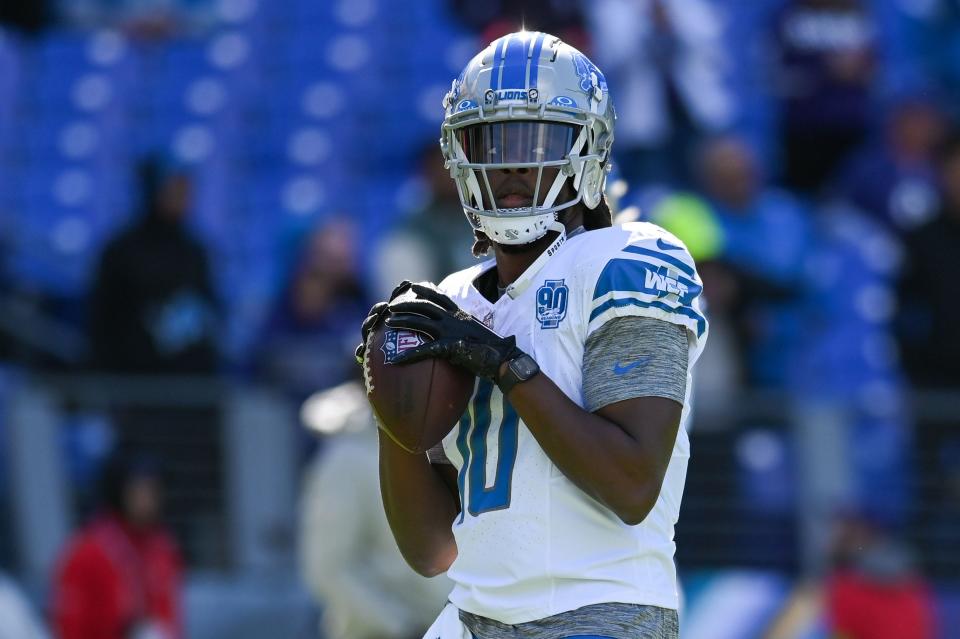 Detroit Lions quarterback Teddy Bridgewater throws before the game against the Baltimore Ravens at M&T Bank Stadium, Oct. 22, 2023.