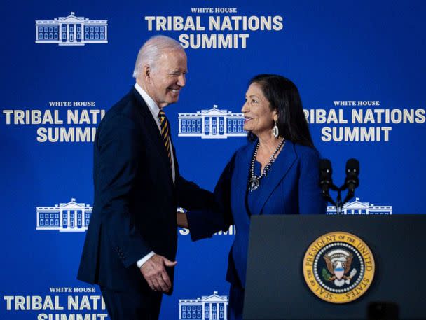 PHOTO: President Joe Biden greets Department of the Interior Secretary Deb Haaland during the 2022 White House Tribal Nations Summit at the Department of the Interior on Nov. 30, 2022, in Washington, D.C. (Pete Marovich/Getty Images)