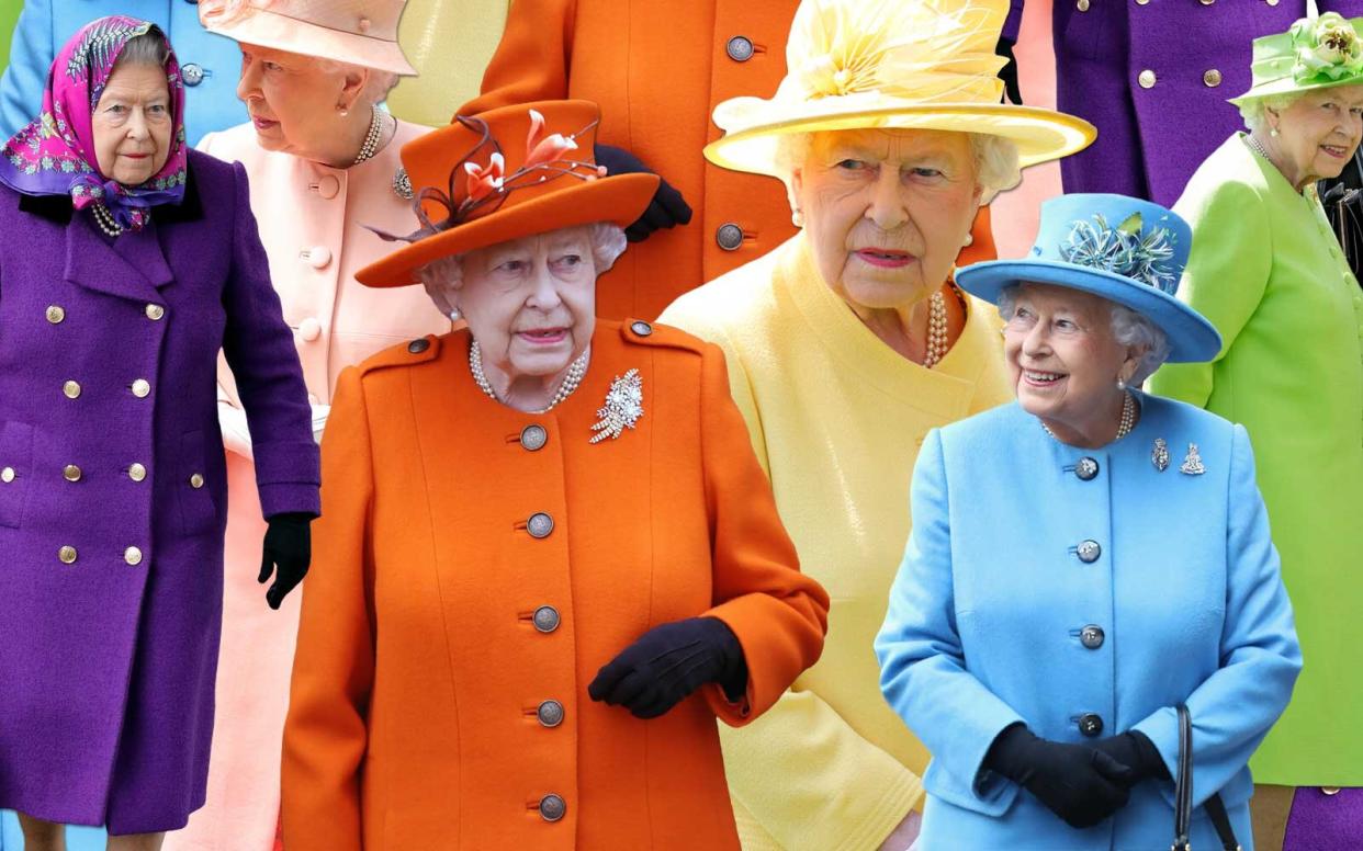 Queen Elizabeth II in bright colored outfits