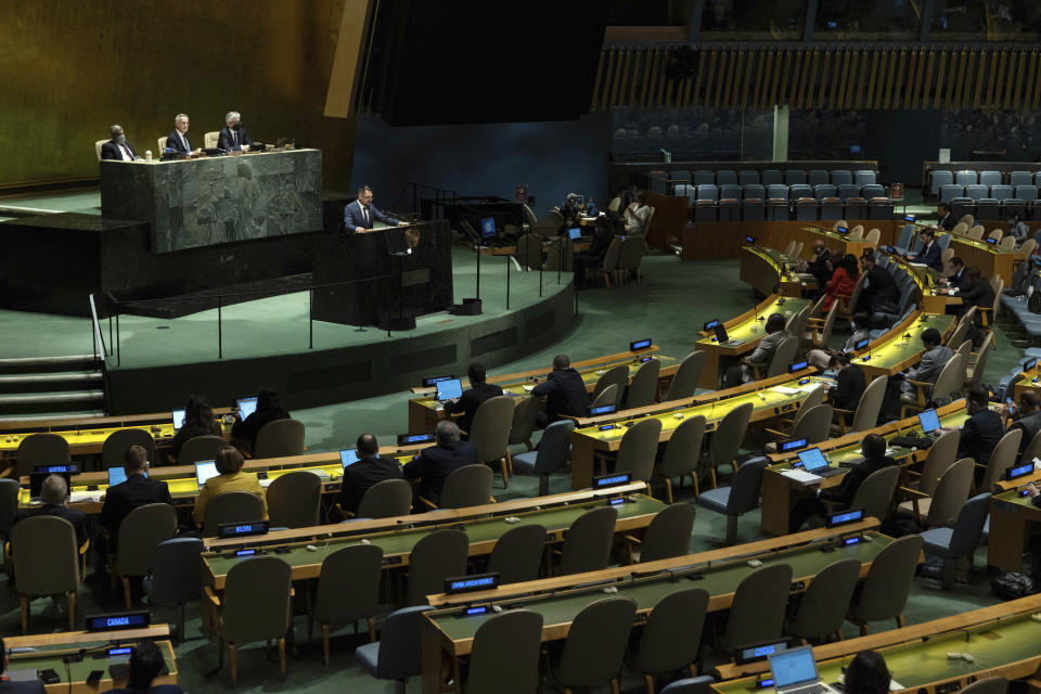 Ukraine's Deputy Minister for Foreign Affairs Mykola Tochytskyi addresses the 2022 Nuclear Non-Proliferation Treaty (NPT) review conference, in the United Nations General Assembly, Monday, Aug. 1, 2022. (AP Photo/Yuki Iwamura)