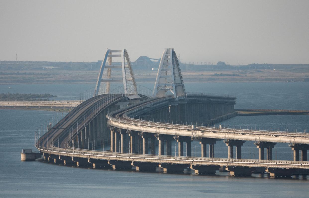 Pictured, the Crimean Bridge also called the Kerch Straight Bridge (REUTERS)