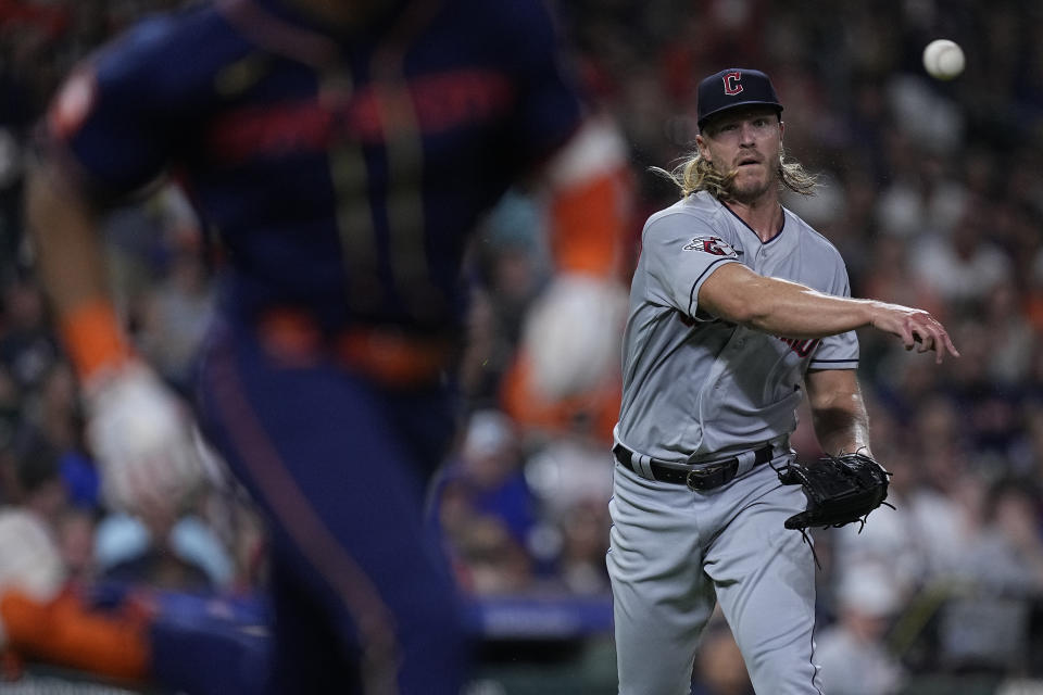 Cleveland Guardians starting pitcher Noah Syndergaard throws out Houston Astros' Jeremy Pena on a comebacker during the sixth inning of a baseball game, Monday, July 31, 2023, in Houston. (AP Photo/Kevin M. Cox)
