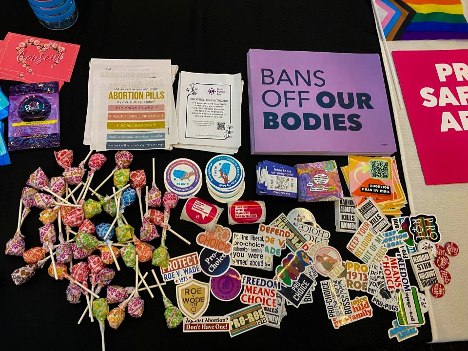 The University of South Dakota’s Students for Reproductive Rights group passes out stickers and information about abortion access each week in the student center, trying to help students know they still have options if they become pregnant.