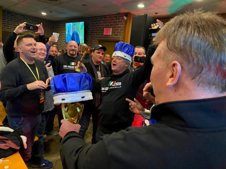 John Speciale celebrates in his repeat win as New Jersey's best meatball maker.