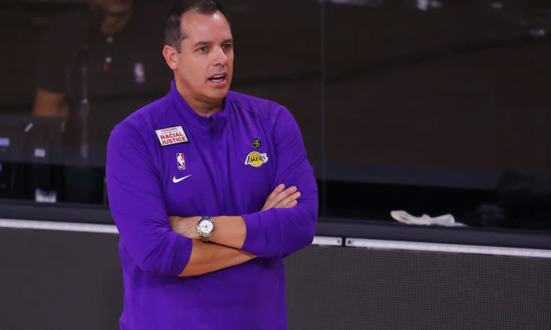 Los Angeles Lakers head coach Frank Vogel on the sideline.