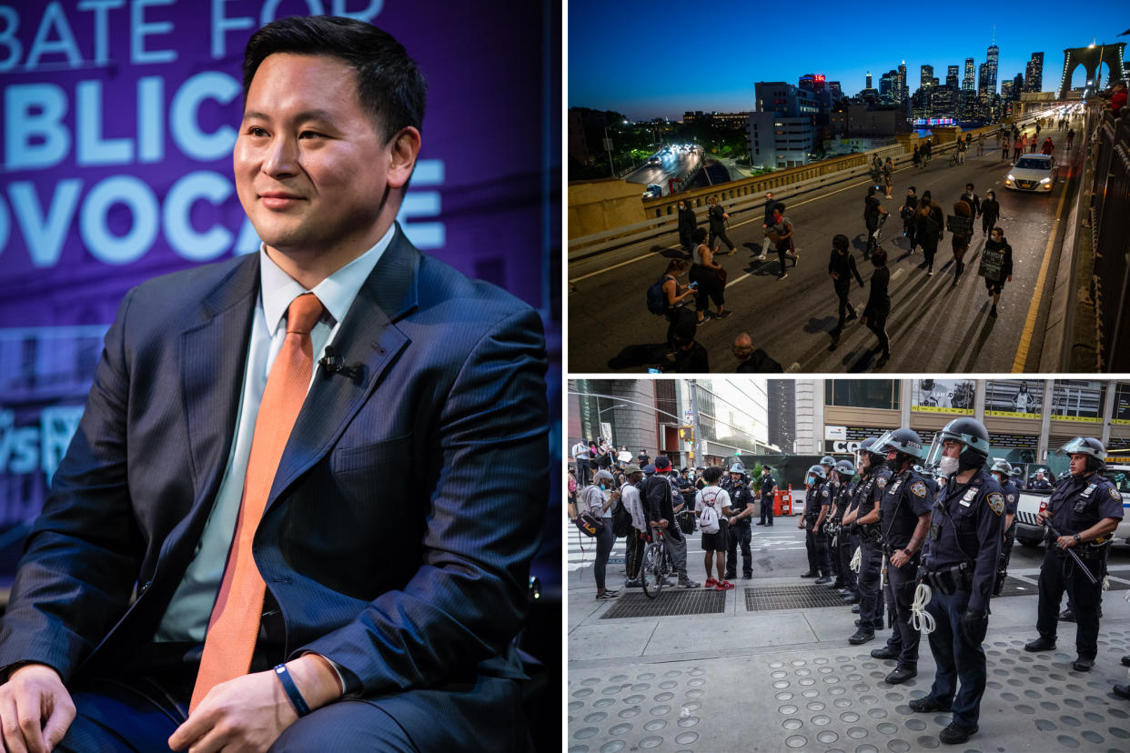ron kim, left; Police officers confronting protesters on 42nd Street in New York during a demonstration against the death of George Floyd, May 2020