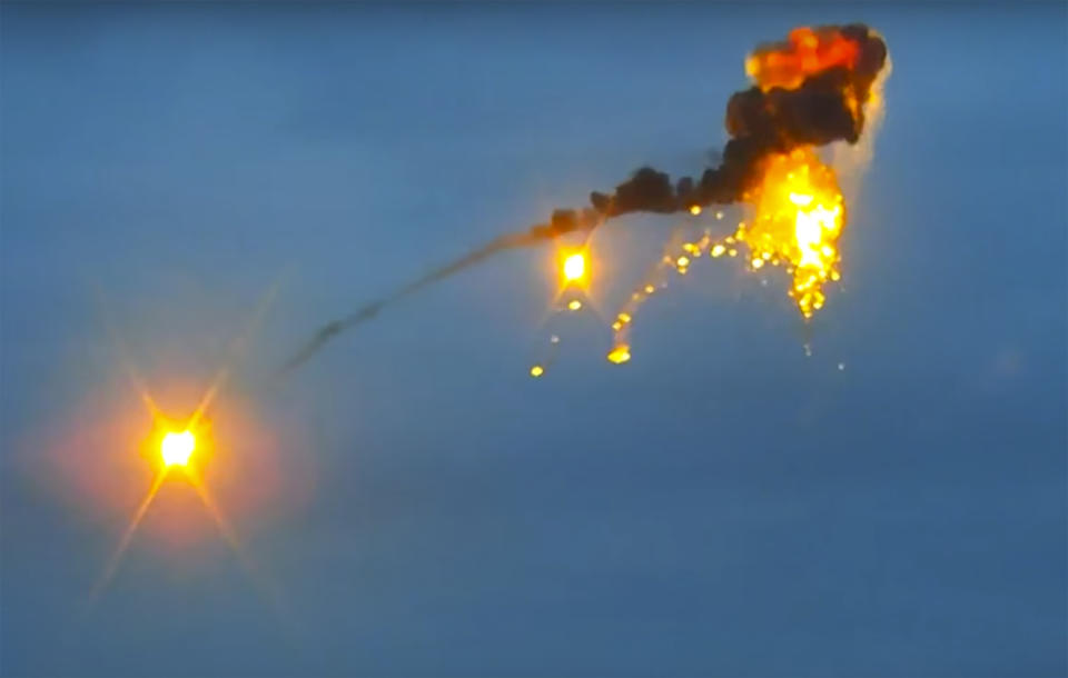 This image taken from video released by the Armenian Defense Ministry on Thursday, Oct. 1, 2020 allegedly shows the shooting down of an Azerbaijani unmanned aerial vehicle by a rocket during fighting between Armenian and Azerbaijani forces at the contact line of the self-proclaimed Republic of Nagorno-Karabakh, Azerbaijan. (Armenian Defense Ministry via AP)