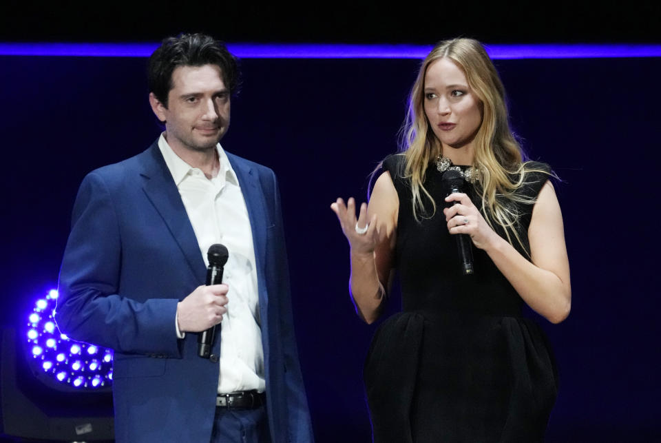 Gene Stupnitsky, left, director of the upcoming film "No Hard Feelings," and cast member Jennifer Lawrence discuss the film onstage during the Sony Pictures presentation at CinemaCon 2023, the official convention of the National Association of Theatre Owners (NATO) at Caesars Palace, Monday, April 24, 2023, in Las Vegas. (AP Photo/Chris Pizzello)