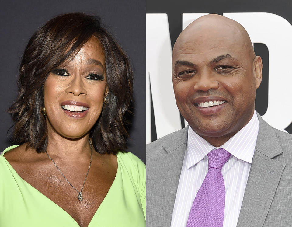 Gayle King attends The Hollywood Reporter's annual Most Powerful People in Media issue celebration on May 17, 2022, in New York, left, and Charles Barkley appears at the NBA Awards in Santa Monica, Calif., on June 24, 2019. CNN announced “King Charles,” a limited-run series with King and Barkley, will air on Wednesday nights at 9 p.m. (AP Photo)