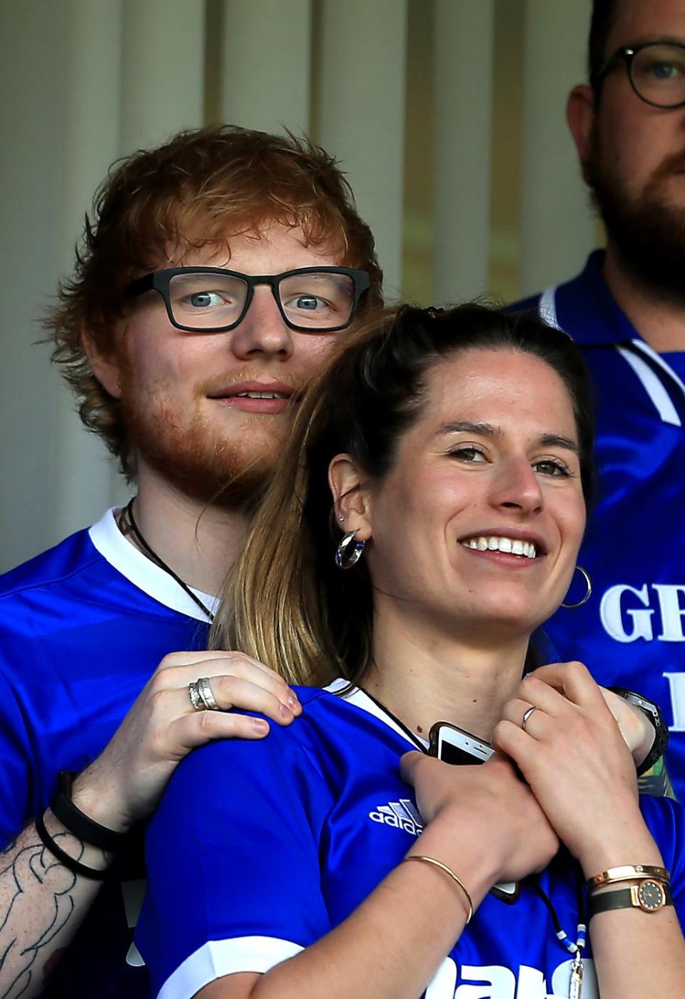 Ed Sheeran and Cherry Seaborn look on during the Sky Bet Championship match for his local Ipswich Town (Getty Images)