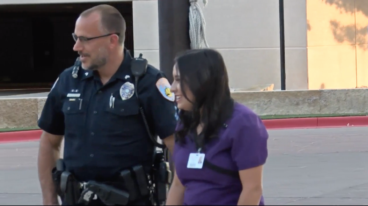 Bria Montes and Corporal Gary Potter met after she left a thank you note on an Odessa police squad car a day after the deadly mass shooting. (Photo: KOSA)