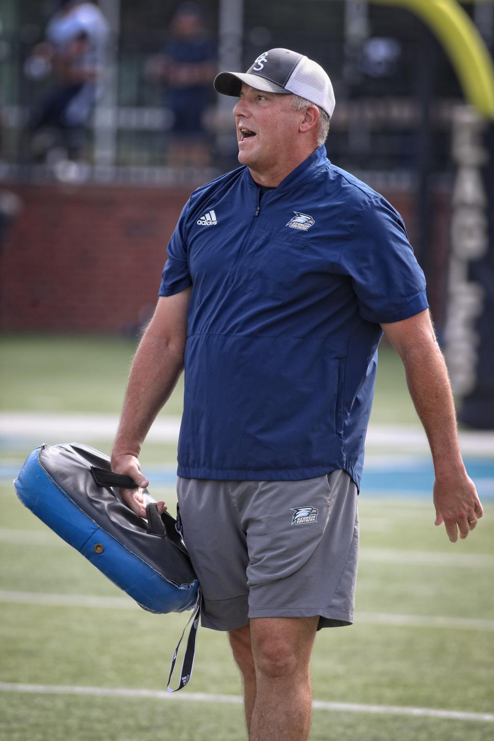 Georgia Southern's new head football coach Clay Helton leads the first practice of the fall on Aug. 3, 2022 at Paulson Stadium in Statesboro.