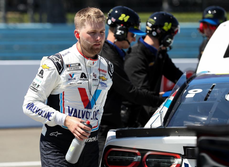 NASCAR Cup Series driver William Byron exits his race car during practice and qualifying for the Go Bowling at The Glen at Watkins Glen International on Aug. 19, 2023.