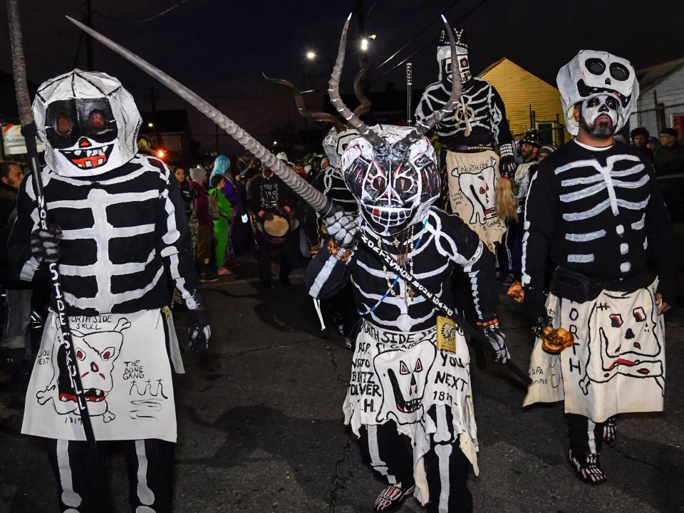 he North Side Skull and Bone Gang walk the streets of the Treme neighborhood on March 5, 2019 in New Orleans, Louisiana