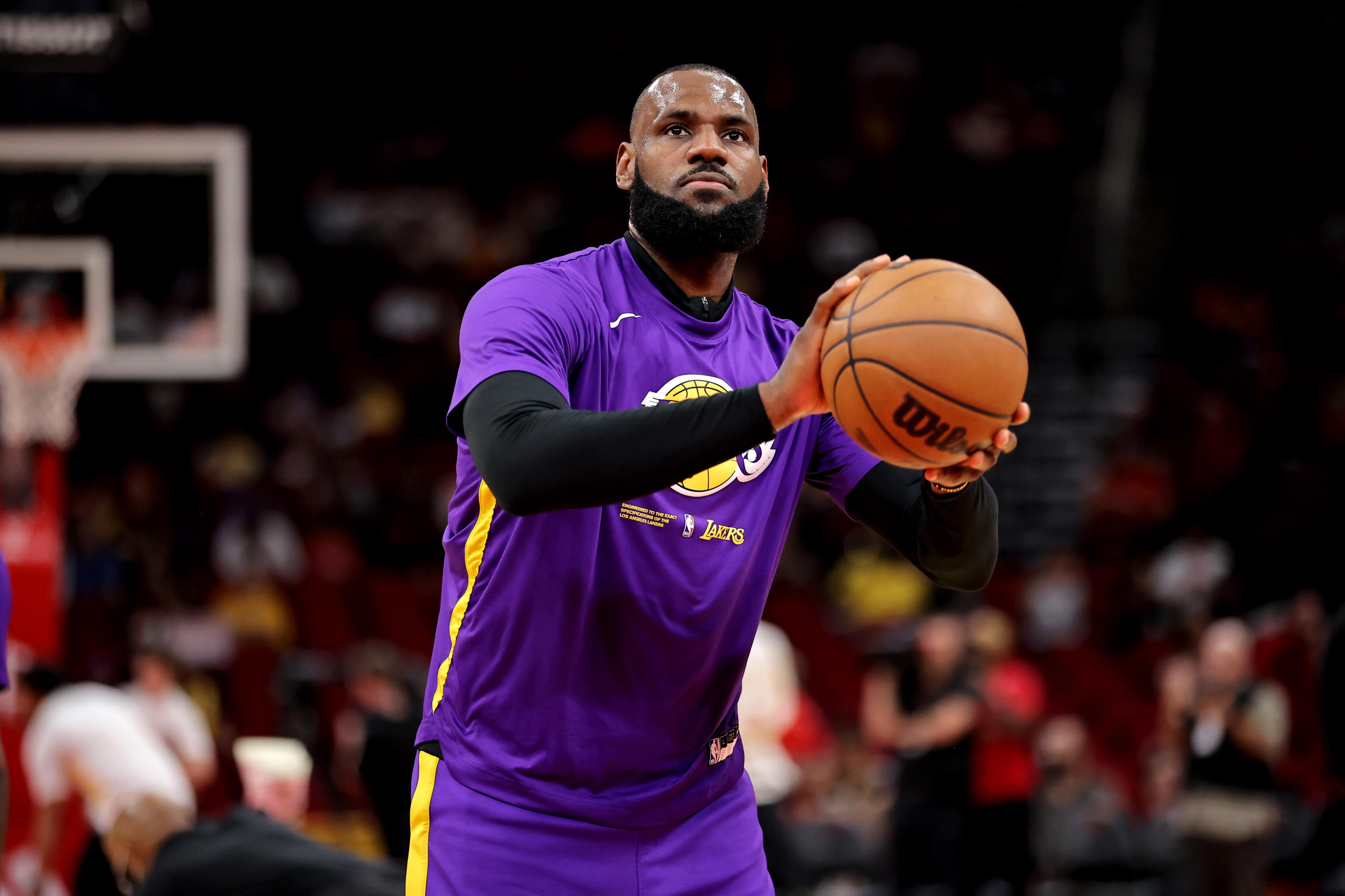 Apr 2, 2023; Houston, Texas, USA; Los Angeles Lakers forward LeBron James (6) warms up prior to the game against the Houston Rockets at Toyota Center. Mandatory Credit: Erik Williams-USA TODAY Sports