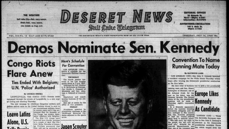 The front page of the Deseret News on July 14, 1960, the day after John F. Kennedy Jr. won the Democratic presidential nomination.
