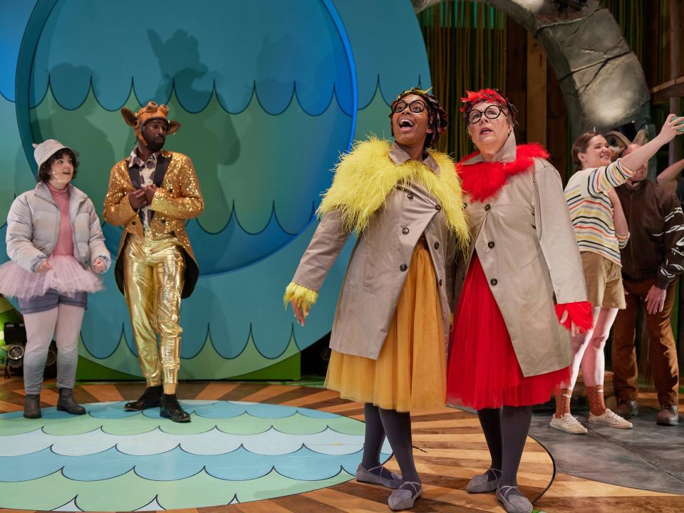 From left: Giraffe (Darnell Pierre Benjamin), Yellow Oxpecker (Elexis Selmon) and Red Oxpecker (Kate Wilford) treat the audience to a rap battle in the second act of "Fiona: The Musical."