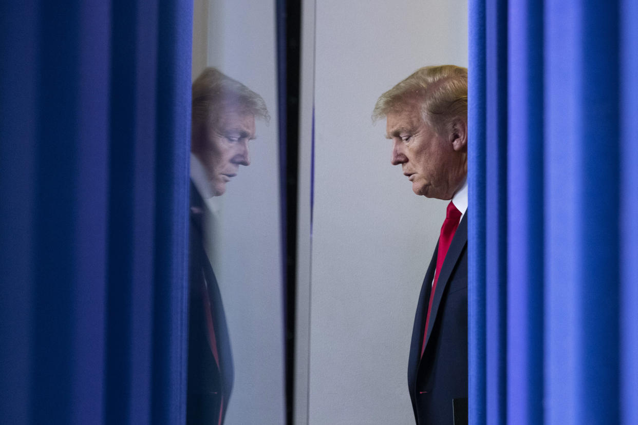 President Trump arrives to speak to reporters in the briefing room of the White House, April 22, 2020. (AP Photo/Alex Brandon)