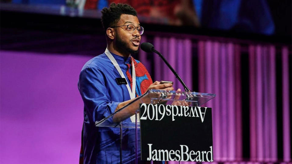 Accepting his James Beard Award for Rising Star Chef in 2019