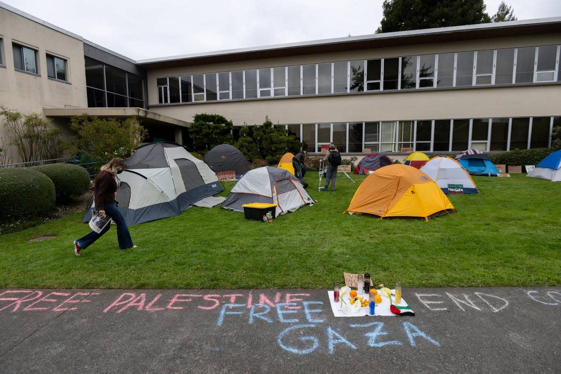 Tents cover the lawn in front of Siemens Hall, occupied by pro-Palestinian students and community members calling for a permanent ceasefire in Gaza, at Cal Poly Humboldt in Arcata on Wednesday, April 24, 2024. Paul Kitagaki Jr./pkitagaki@sacbee.com