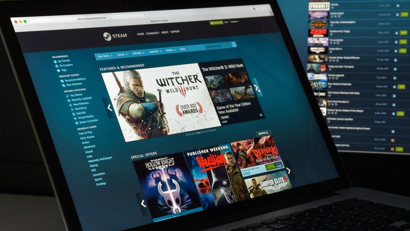 An open laptop shows the Steam storefront, with various games like The Witcher 3 listed for sale.