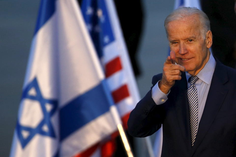 U.S. Vice President Joe Biden gestures after disembarking from a plane upon landing at Ben Gurion International Airport in Lod, near Tel Aviv, Israel March 8, 2016.&nbsp;