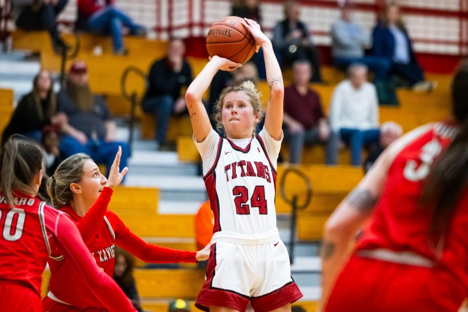 Maddie Gard (24) shoots during the IU South Bend vs. Saint Xavier women’s basketball game Wednesday, Jan. 10, 2024 on campus at IUSB. (Photo courtesy of IU South Bend)